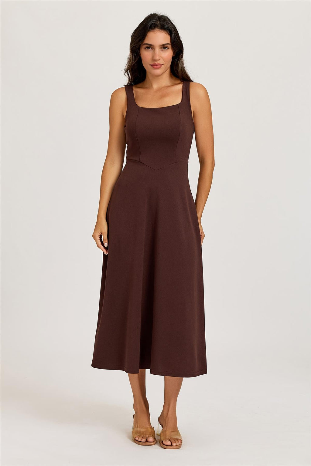 Square Neck Sleeveless Fit & Flare Midi Dress In Espresso
