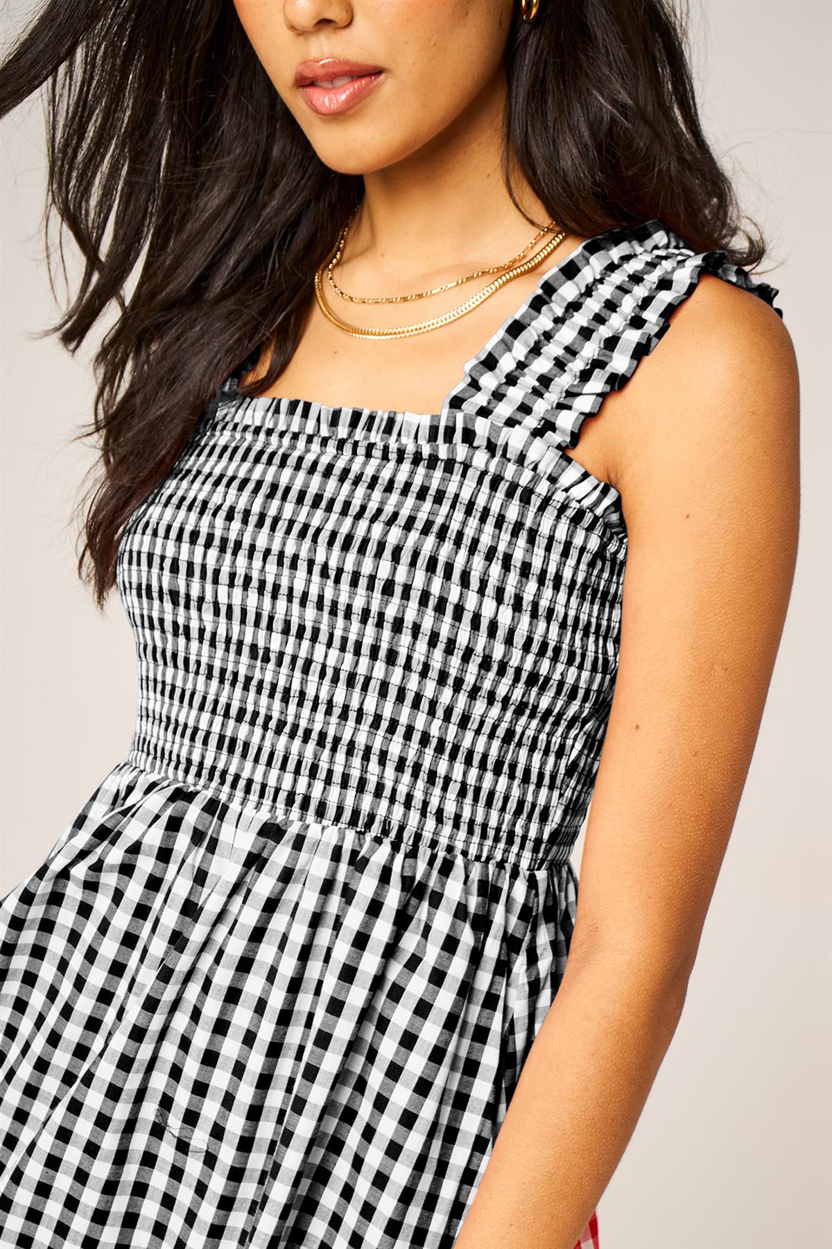 Check Print Hem Detail Maxi Dress In Black
