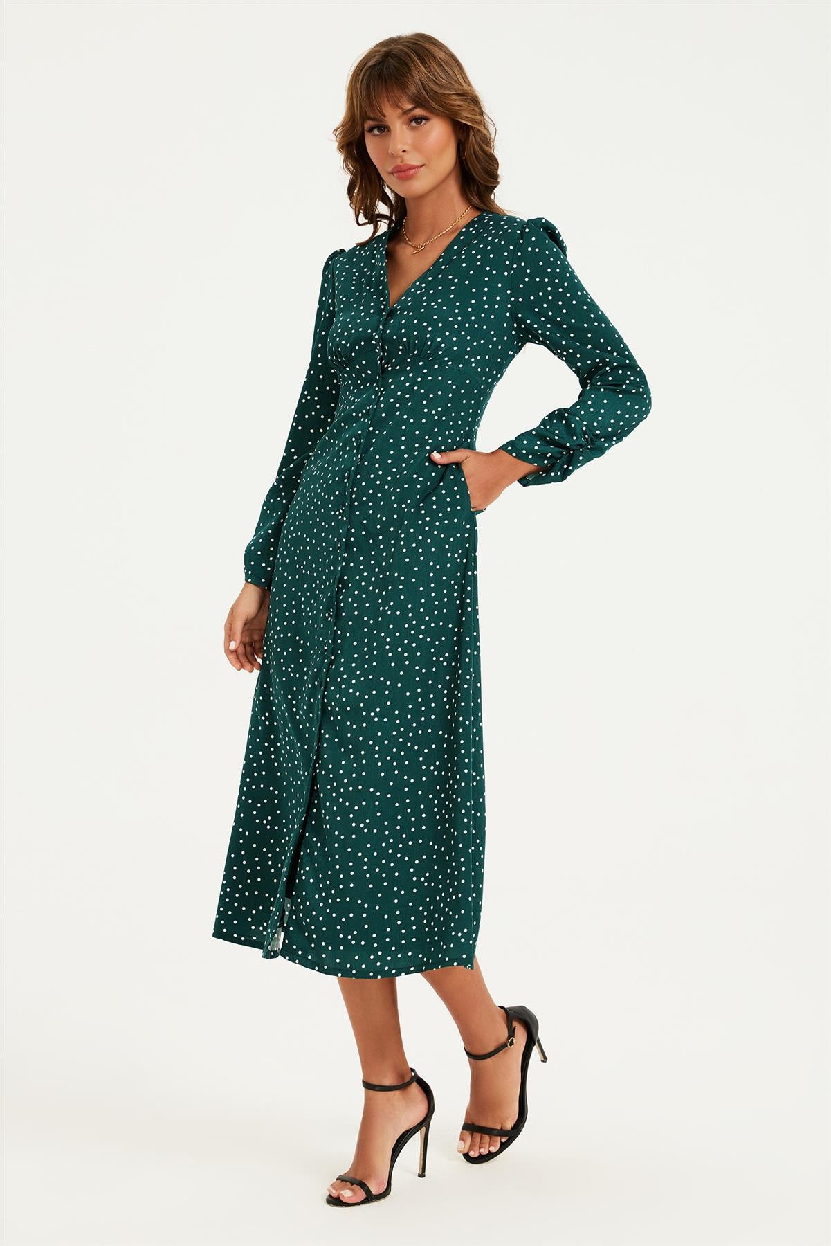 Dot Print Long Sleeve Button Front Midi Dress In Green
