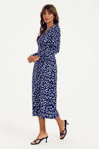 Brushstroke Print Long Sleeve Button Front Midi Dress In Navy