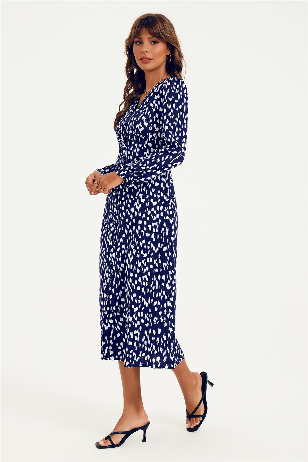Brushstroke Print Long Sleeve Button Front Midi Dress In Navy