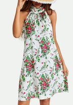 Pink Floral Print Halter Neck Tie Back Mini Dress In White