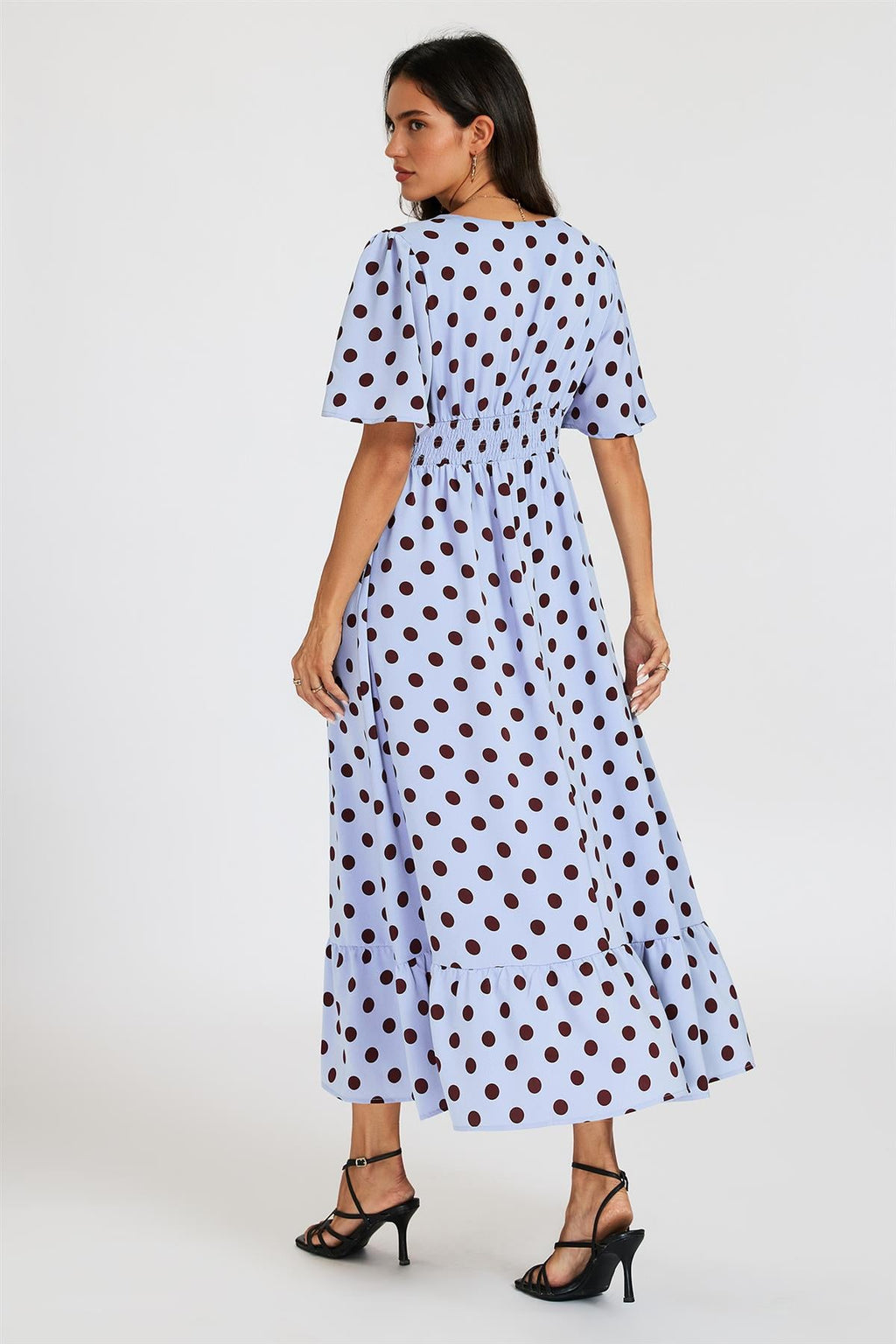 Polka Dot Print Angel Sleeve V Neck Frill Hem Midi Dress In Blue