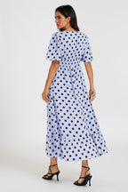 Polka Dot Print Angel Sleeve V Neck Frill Hem Midi Dress In Blue