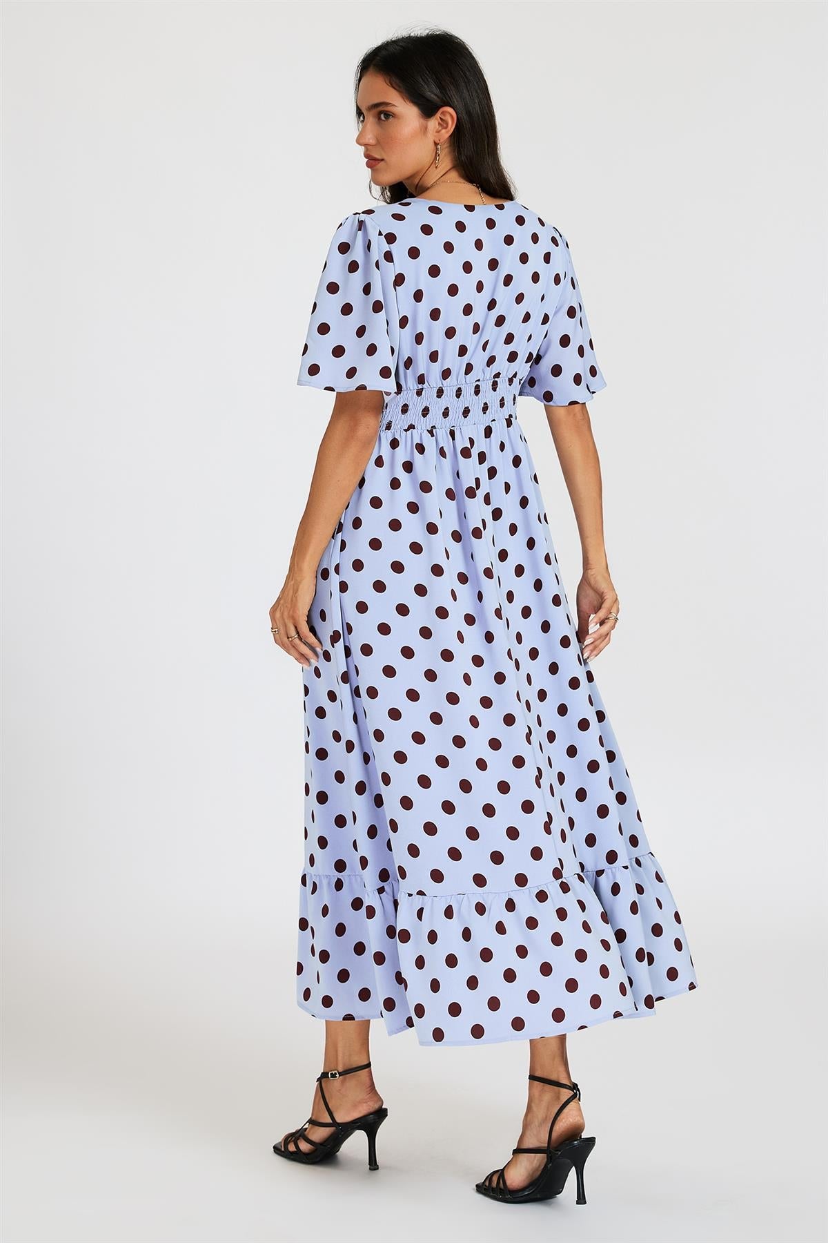 Polka Dot Print Angel Sleeve V Neck Frill Hem Midi Dress In Blue