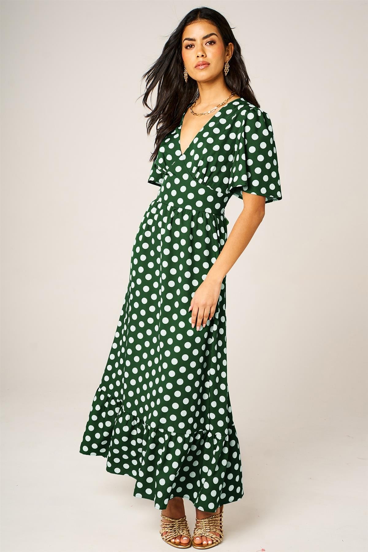 Dot Print Angel Sleeve V Neck Frill Hem Midi Dress In Green