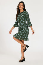 Floral Print Frill Detail Mini Dress In Green