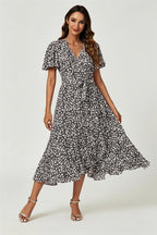 Floral Print Midi Wrap Dress In Black
