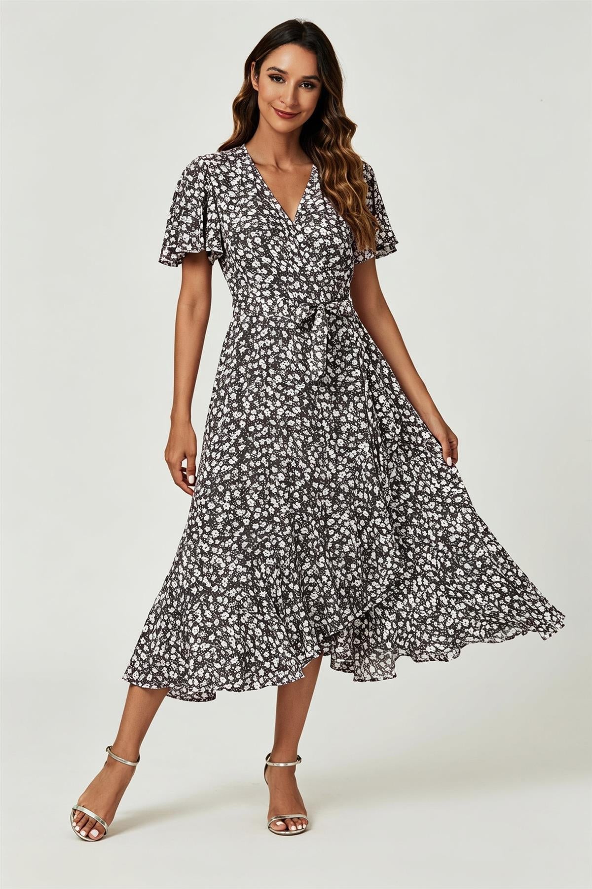 Floral Print Midi Wrap Dress In Black