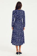 Brushstroke Print Long Sleeve Button Front Midi Dress In Navy
