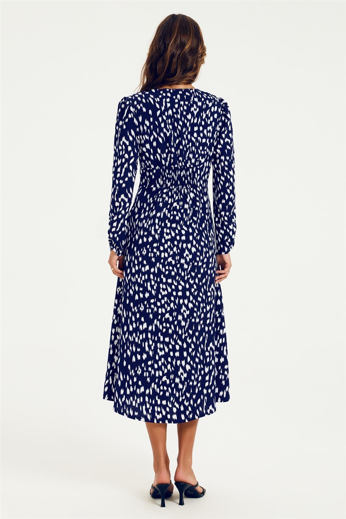 Brushstroke Print Long Sleeve Button Front Midi Dress In Navy