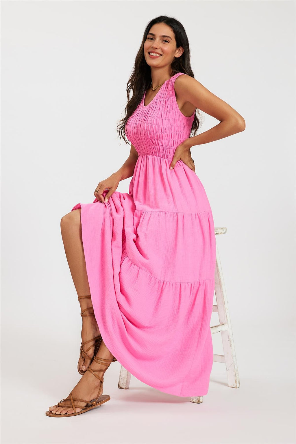 Shirred Tiered Maxi Dress with Sleeveless V-Neck