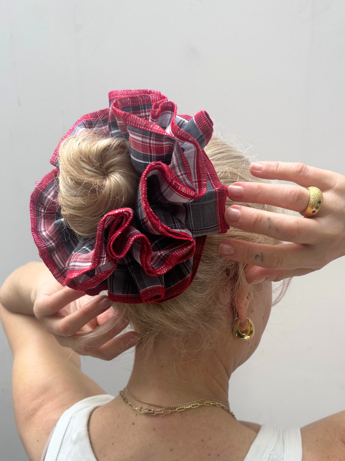 Organic Linen black & red check scrunchie - Azaria | No More Nobody