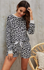 Sliver Grey Velour Loungewear Co Ord Set In Black Leopard