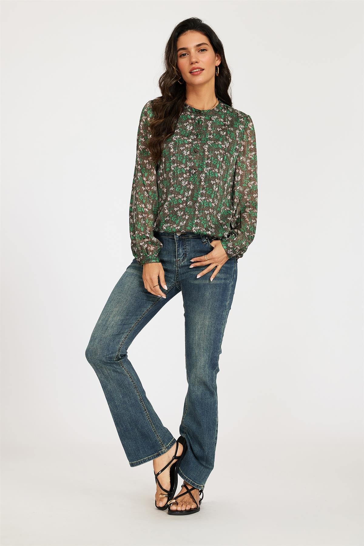 Silver Thread Print Long Sleeve Sheer Blouse In Brown