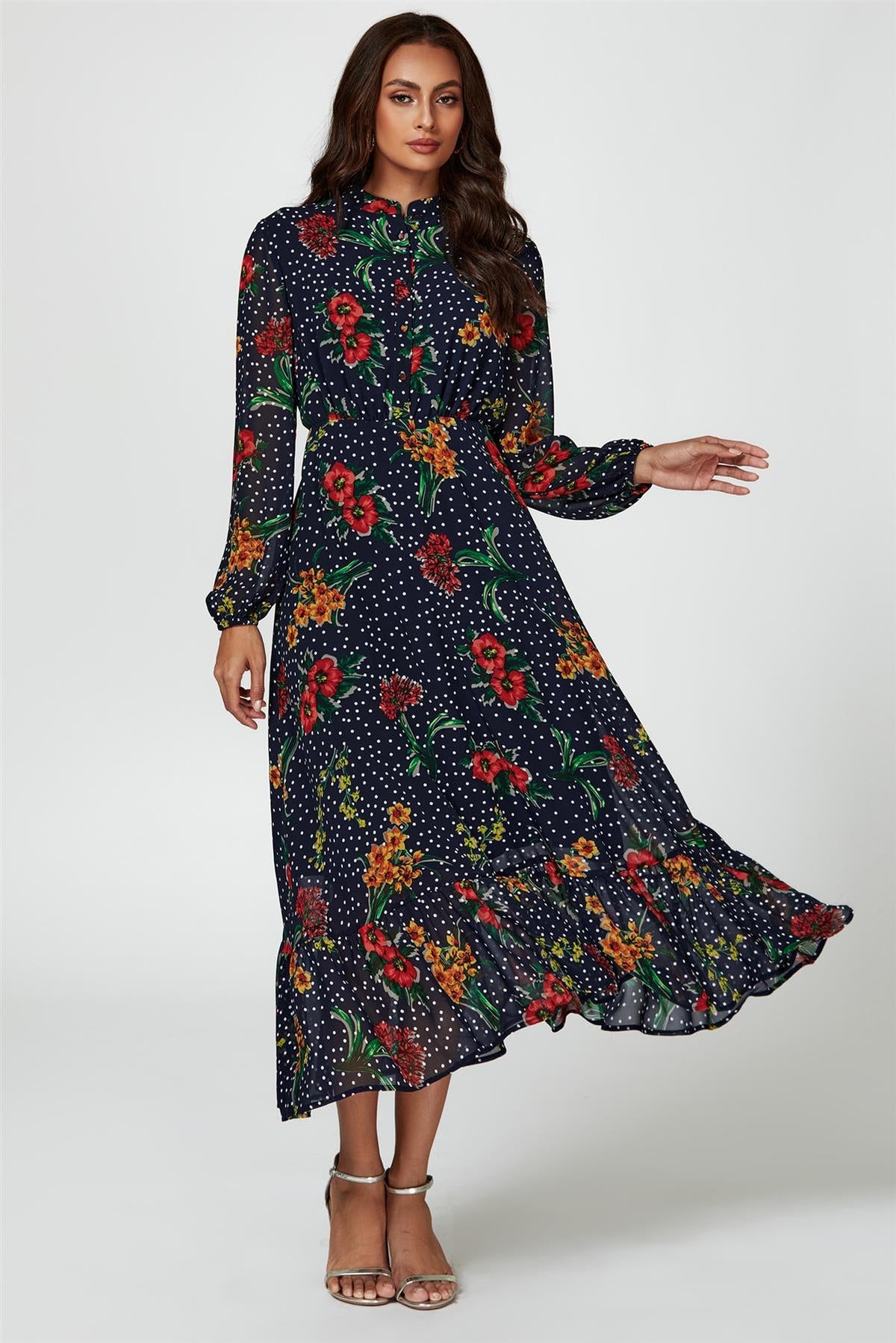 Robe longue à imprimé floral à pois marine
