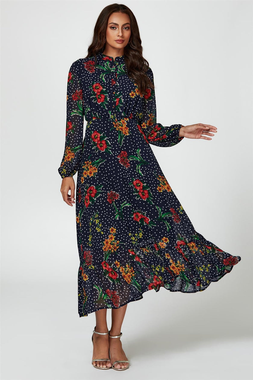 Robe longue à imprimé floral à pois marine