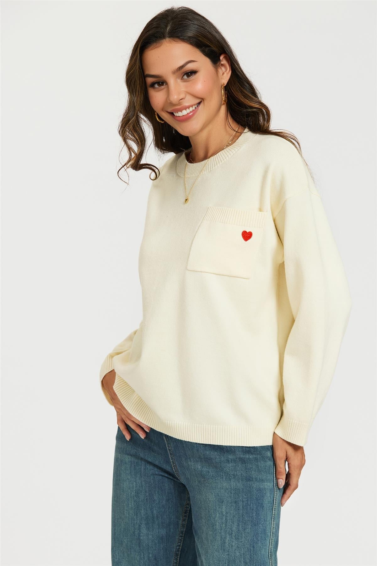Heart Embroidered Knit Jumper Top In Cream