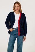 Little Heart Embroidery Stripe Trim Cardigan Top In Navy & Red