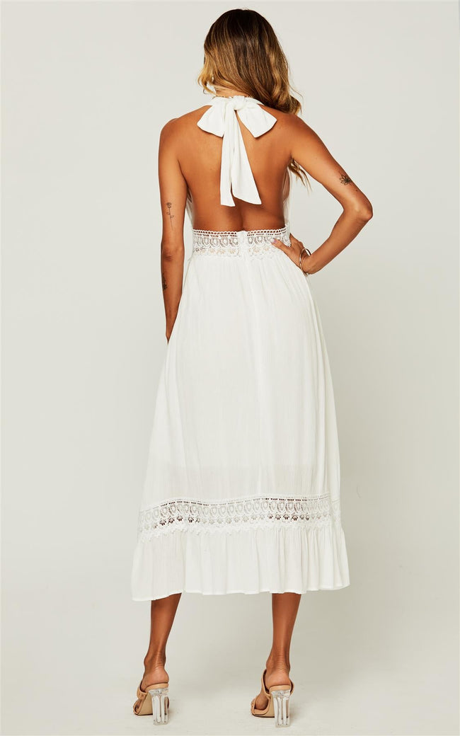 Robe Midi En Dentelle Blanc Cassé Col En V Et Détail À Nouer Au Dos