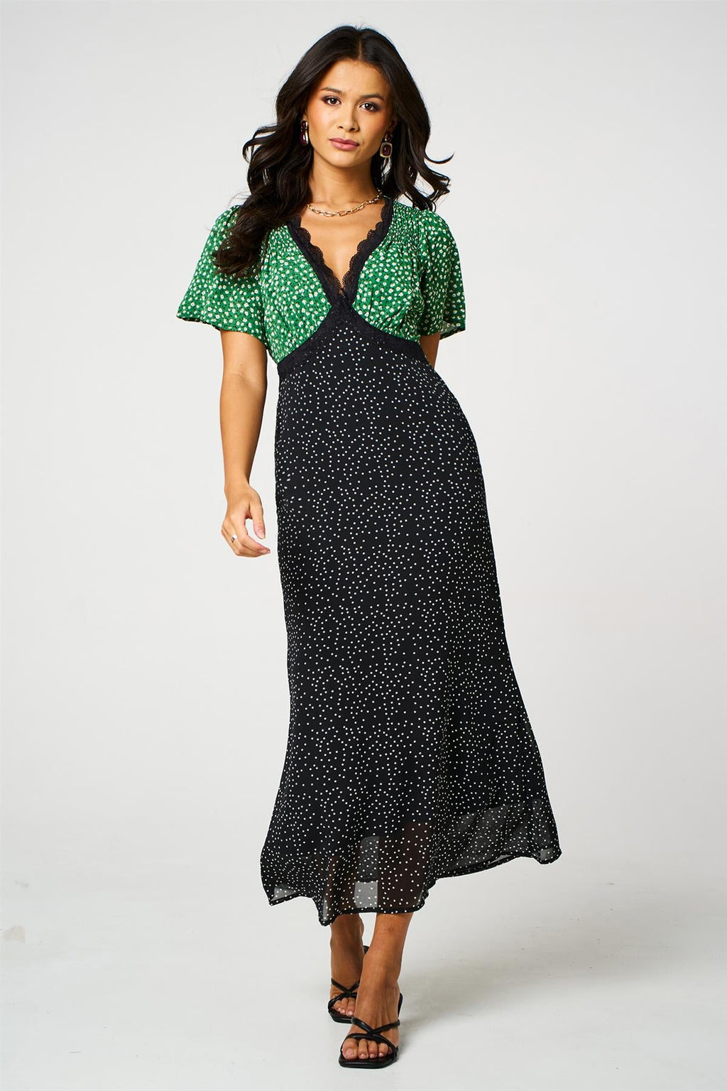 Black Dot & Green Floral Print Angel Sleeve Maxi Dress
