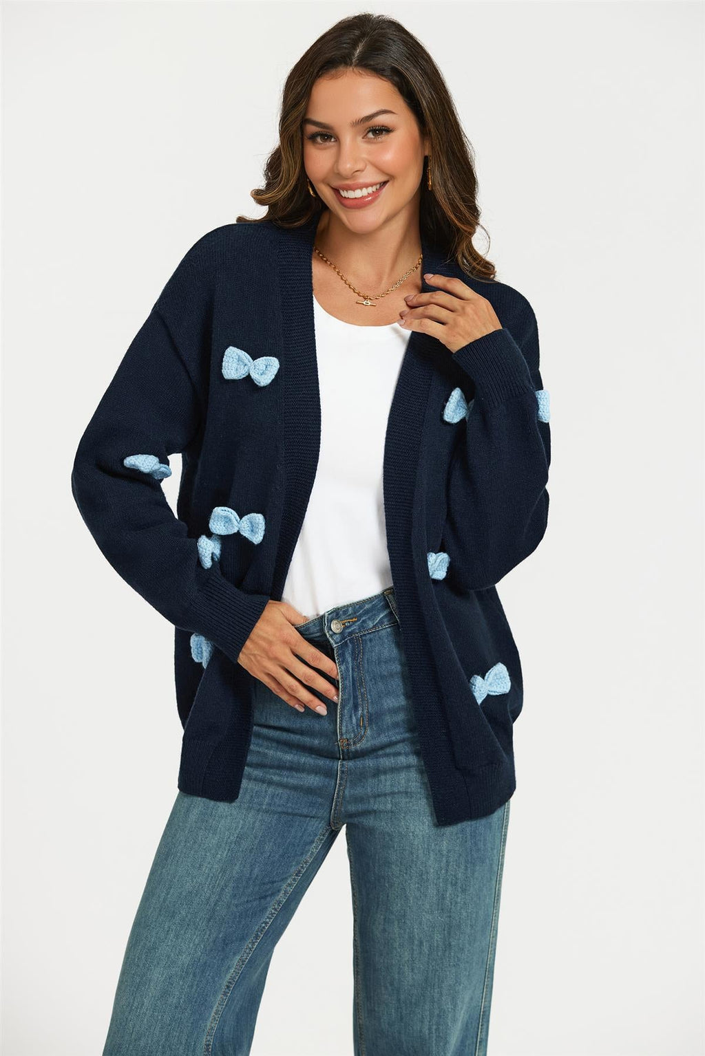 Light Blue 3D Bow Cardigan In Navy