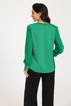 Long Sheer Sleeve Satin Notch Neck Blouse Top In Green
