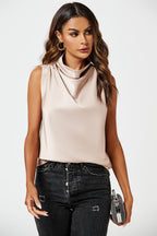 Satin High Neck Sleeveless Blouse In Light Brown