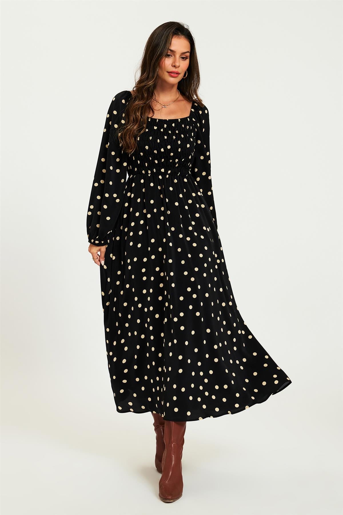 Polka Dot Square Neck Maxi Dress In Black
