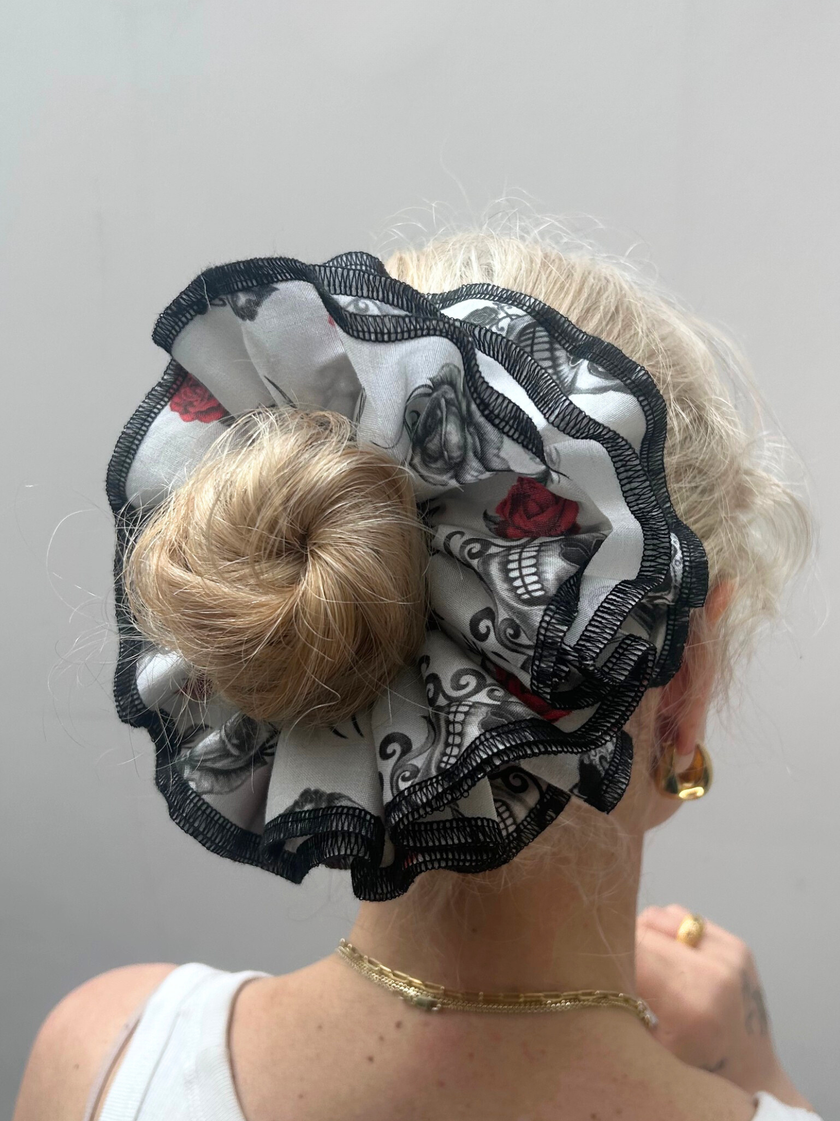 Organic Cotton red rose & black skull scrunchie - Azaria | No More Nobody