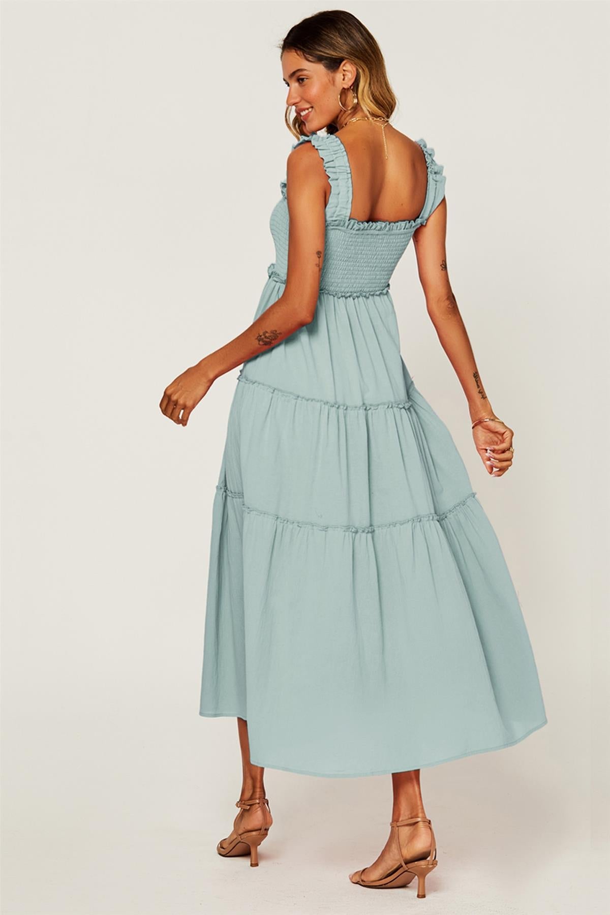 Hem Detail Tiered Maxi Dress In Duck Egg