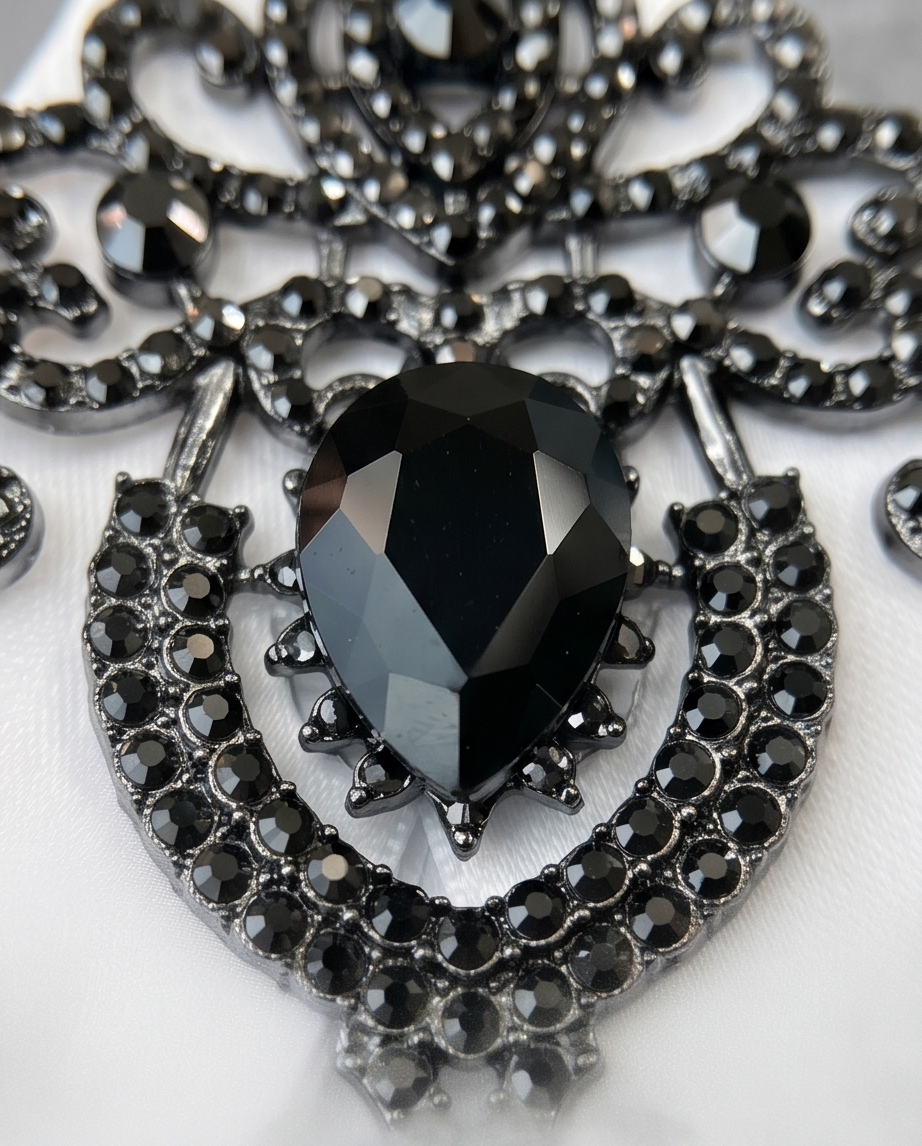 Ornate Black Gem & White Ribbon Bow Tie Brooch
