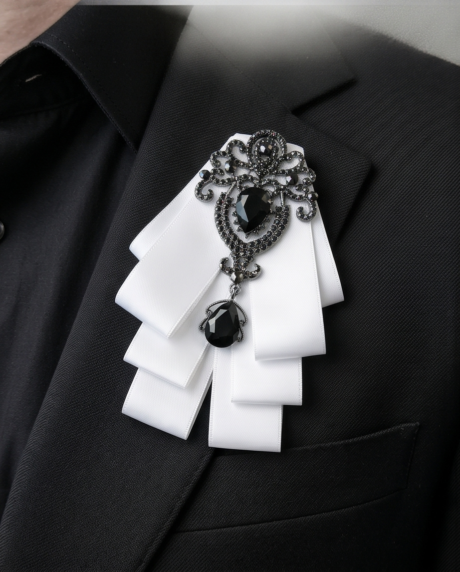 Ornate Black Gem & White Ribbon Bow Tie Brooch