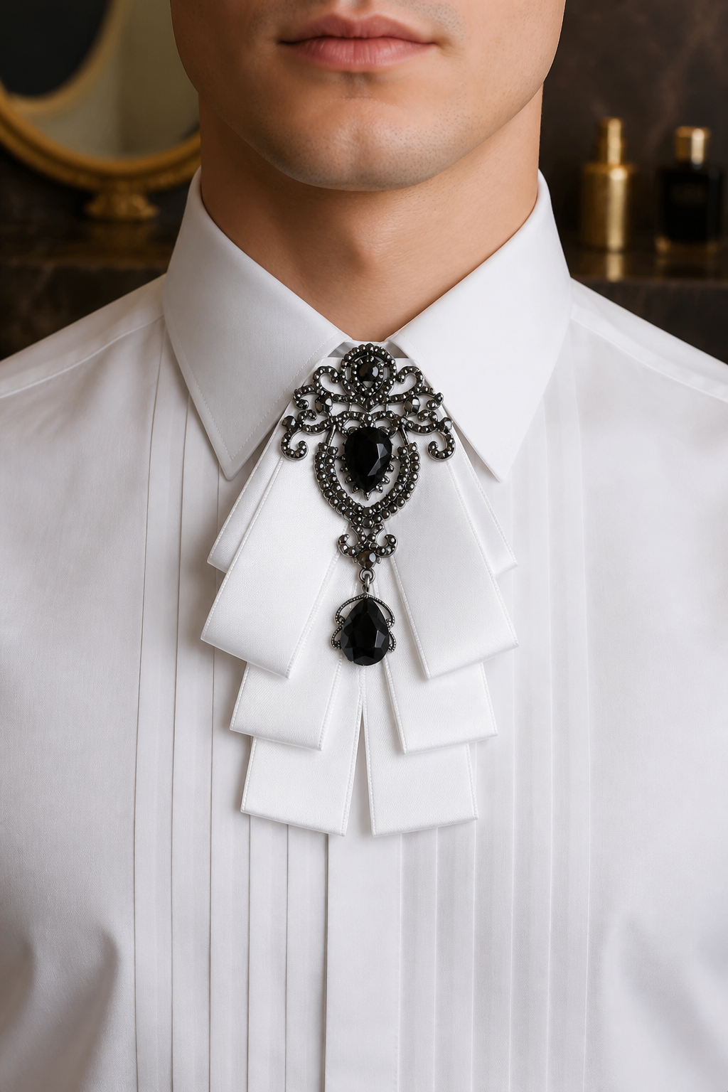 Ornate Black Gem & White Ribbon Bow Tie Brooch