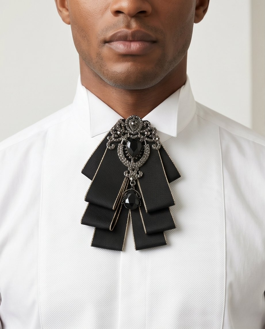 Bold Black Ribbon Bow Tie with Statement Gemstone Brooch