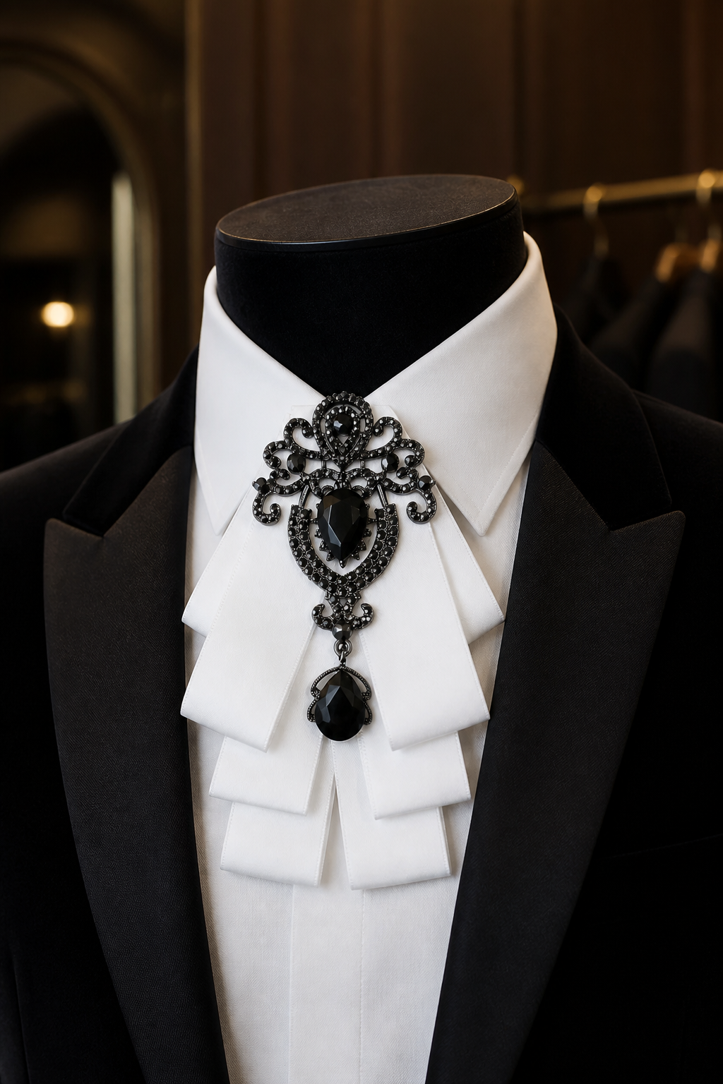 Ornate Black Gem & White Ribbon Bow Tie Brooch