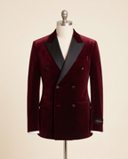 Burgundy Double Breasted Velvet Tuxedo Blazer