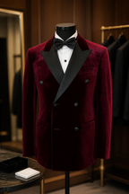 Burgundy Double Breasted Velvet Tuxedo Blazer