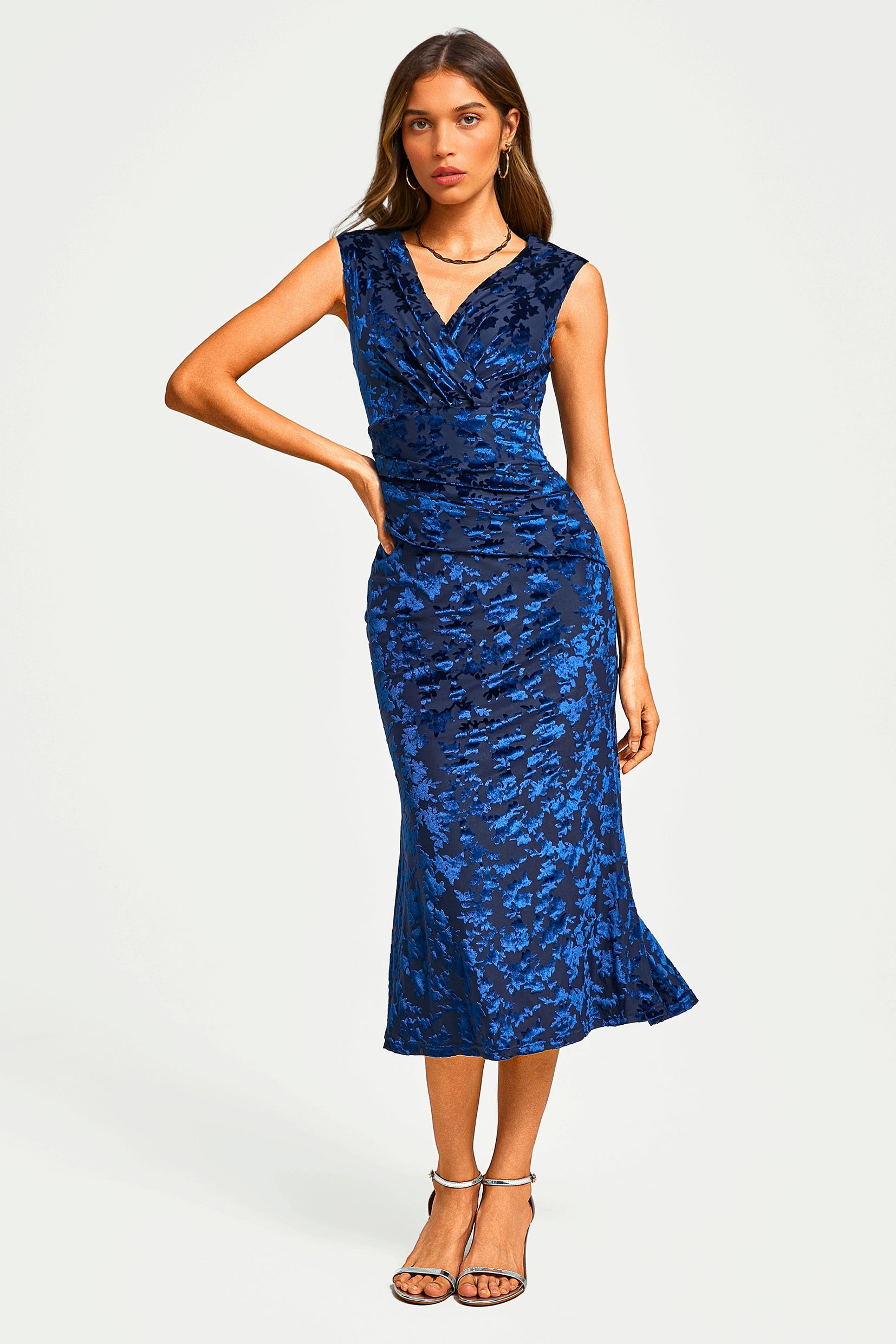 Floral Velvet Devore Bardot Pleated Midi Dress In Navy