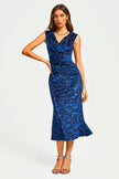Floral Velvet Devore Bardot Pleated Midi Dress In Navy