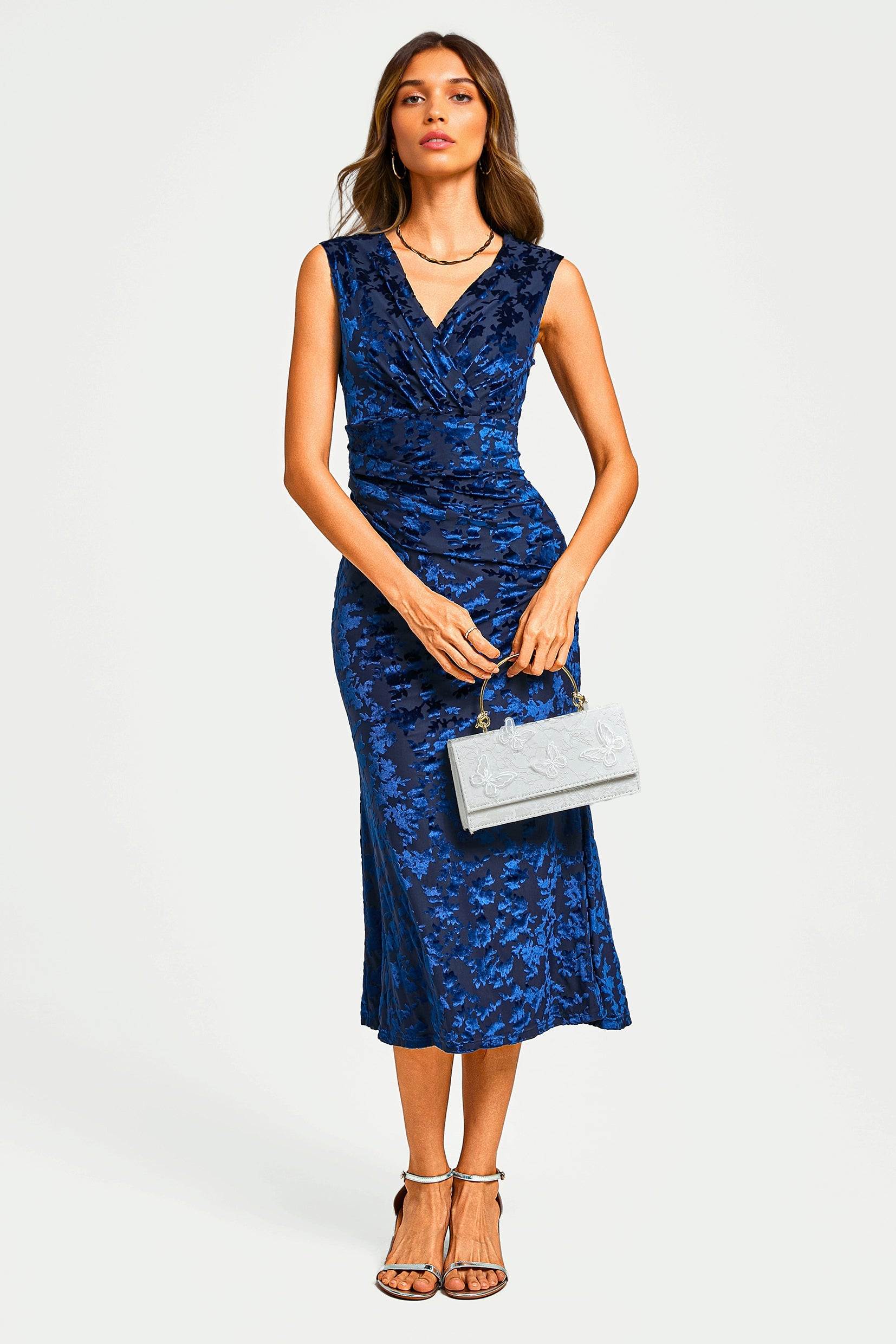 Floral Velvet Devore Bardot Pleated Midi Dress In Navy