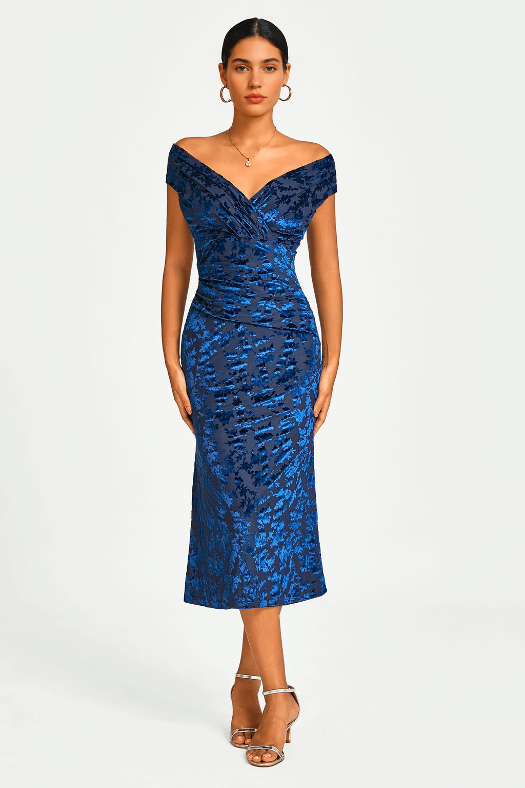 Floral Velvet Devore Bardot Pleated Midi Dress In Navy