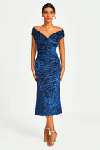 Floral Velvet Devore Bardot Pleated Midi Dress In Navy