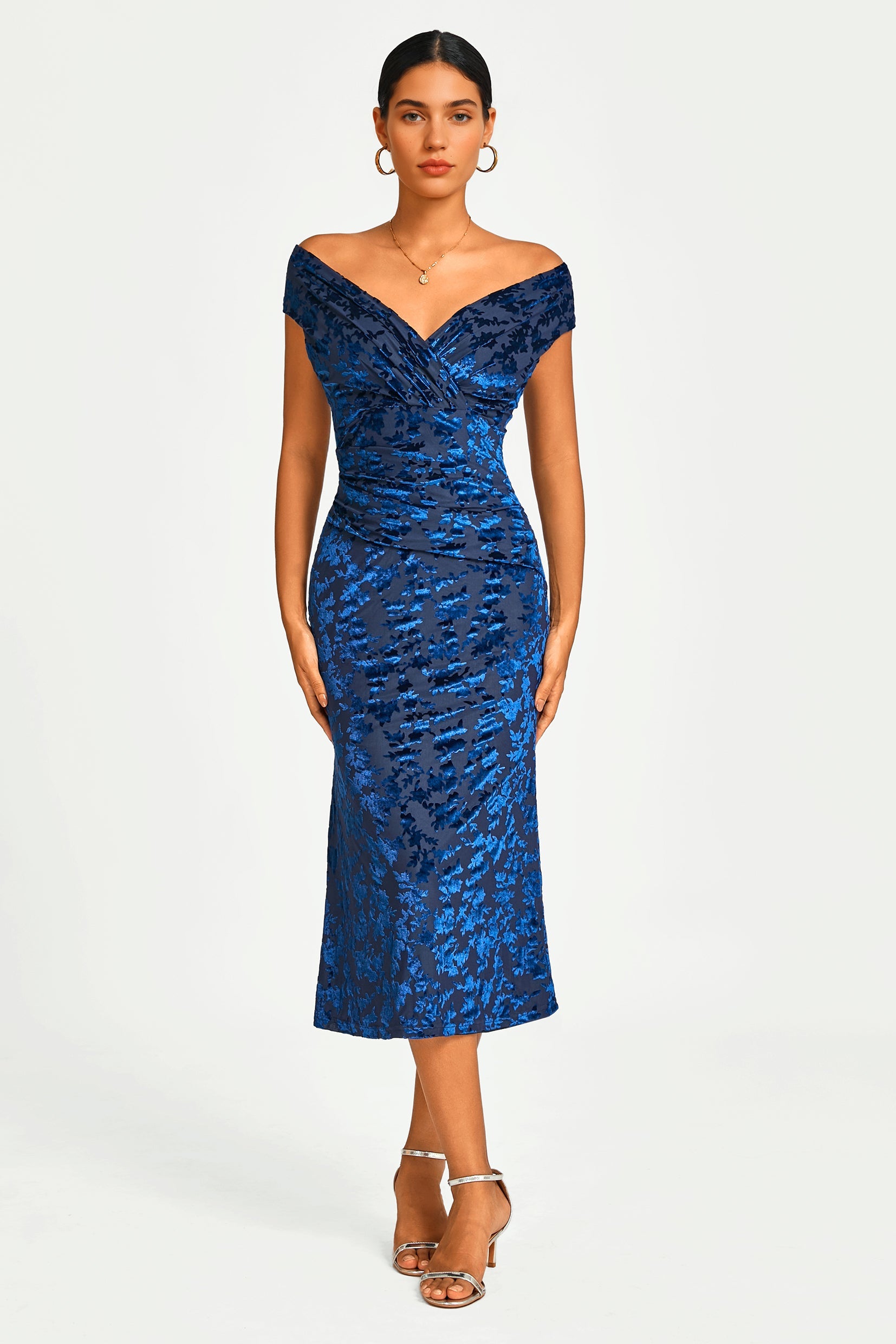 Floral Velvet Devore Bardot Pleated Midi Dress In Navy