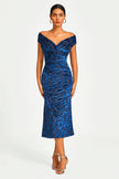 Floral Velvet Devore Bardot Pleated Midi Dress In Navy