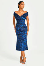 Floral Velvet Devore Bardot Pleated Midi Dress In Navy