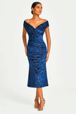Floral Velvet Devore Bardot Pleated Midi Dress In Navy
