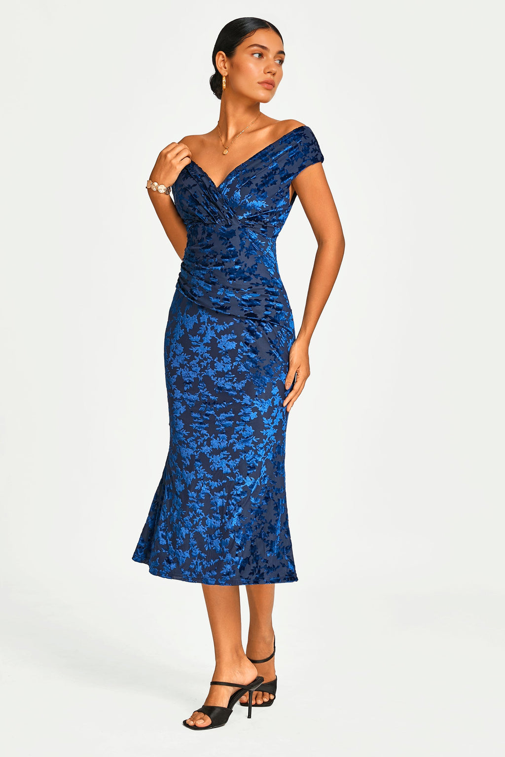 Floral Velvet Devore Bardot Pleated Midi Dress In Navy