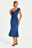 Floral Velvet Devore Bardot Pleated Midi Dress In Navy