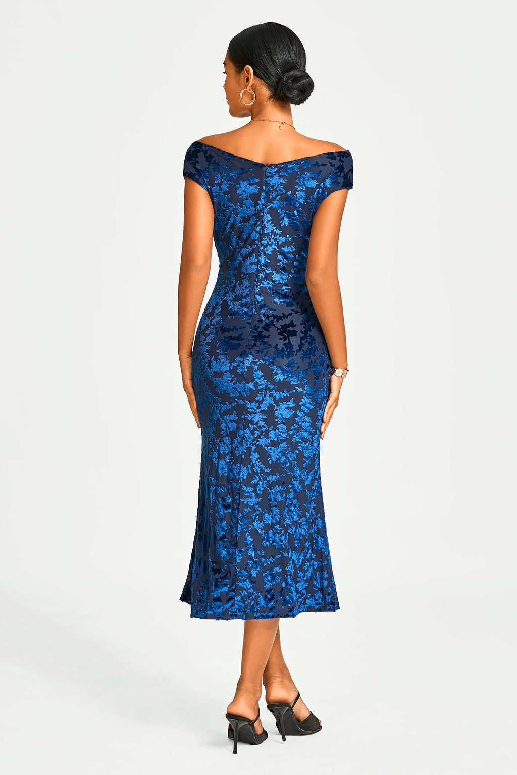 Floral Velvet Devore Bardot Pleated Midi Dress In Navy